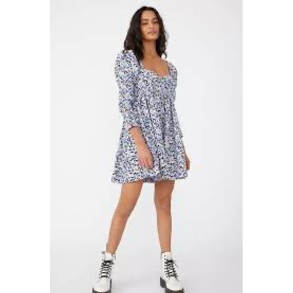 NWT Free People Bessie Corduroy‎ Floral Babydoll Mini Dress Blue Yellow Size M